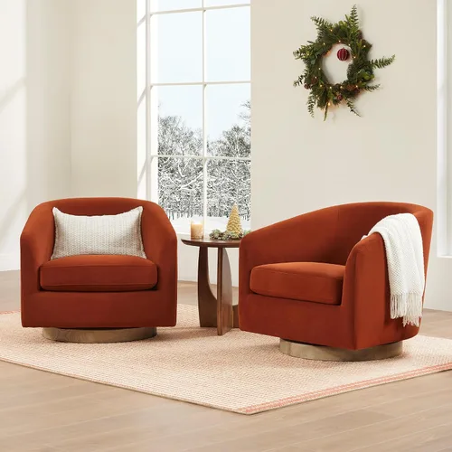 Vista 5 de CHITA Silla Giratoria de Acento, Silla Barrel Tapizada en Terciopelo con Certificación FSC para Sala de Estar, Completamente Ensamblada, Naranja