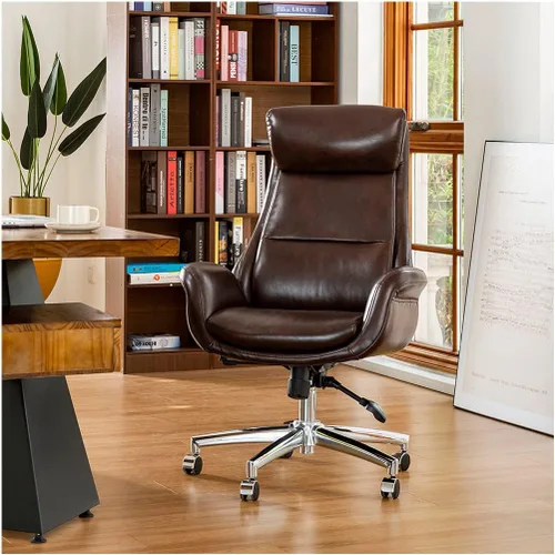 Vista 13 de Glitzhome Mid-Century Modern Air Leatherette Silla de oficina giratoria ajustable con respaldo alto, color negro