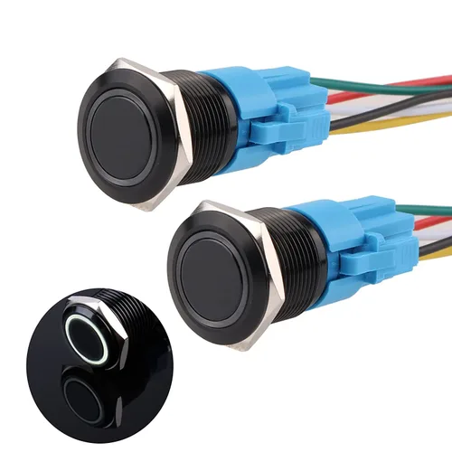 Vista 19 de Interruptor de botón con cierre de 0.630 in, anillo 3A, LED, 12V-24V, interruptor de botón de metal negro, carcasa de aluminio autobloqueante