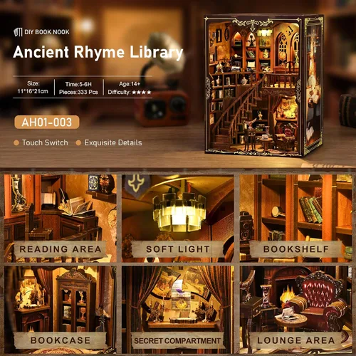 Vista 5 de Kit de rincón de libros en miniatura, rompecabezas de madera 3D, decoración de estantería de biblioteca con luces LED, modelo de casa pequeña