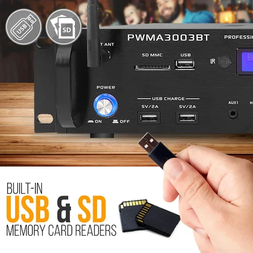 Vista 6 de Altavoz amplificador híbrido Bluetooth de 3000 W, preamplificador de alta potencia con 2 micrófonos de mano inalámbricos VHF, lectores