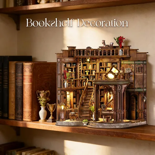Vista 3 de Kit de rincón de libros, rompecabezas de madera 3D en miniatura, sujetalibros con luz LED, decoración de estantería de flor de cerezo para libros