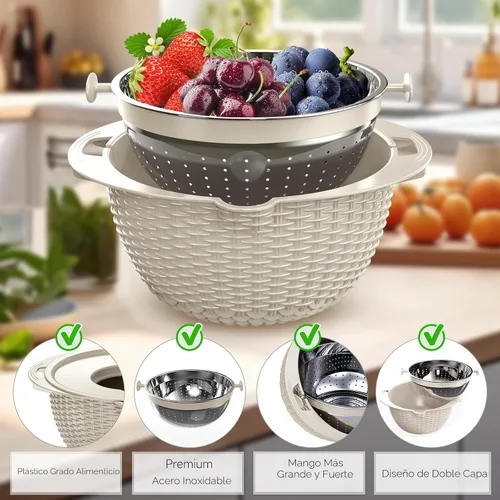 Vista 6 de Juego de Colador 4 en 1 con Conjunto de Tazones - Tazón Colador Giratorio con Cucharas Medidoras - Tazón Colador de Frutas, Coladores de Alimentos