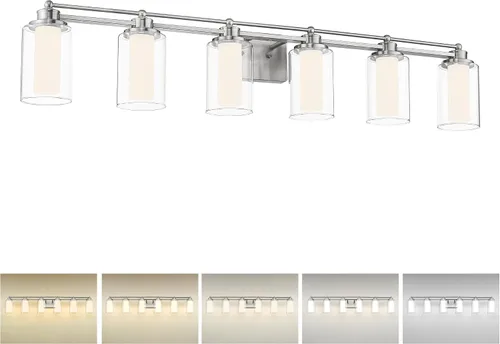 Vista 13 de HWH - Lámpara de tocador cromada con 5 luces sobre espejo, lámpara de pared moderna para baño, 37 pulgadas, acabado cromado, 5HLT63B-5W CH