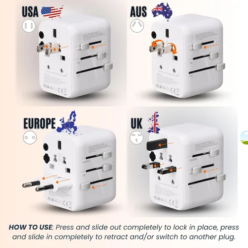 Vista 5 de Adaptador de viaje universal 6 en 1-10A Adaptador de corriente internacional con 3 puertos USB C, 2 puertos USB A Cargador portátil rápido