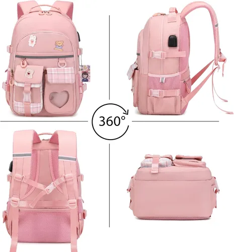 Vista 6 de Mochila para niñas - Mochilas para libros y mochila escolar para niñas, Rosado, Mochilas Daypack