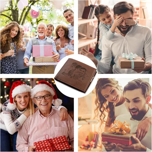 Vista 5 de REMFACIO Carteras personalizadas para hombre, carteras personalizadas de cuero con fotos grabadas para papá, marido, novio, Marrón, Foto + nombre