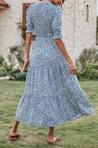 Vista 4 de BTFBM Vestidos para mujer cuello redondo casual de verano con volantes manga corta bohemio con niveles fruncido largo con estampado floral