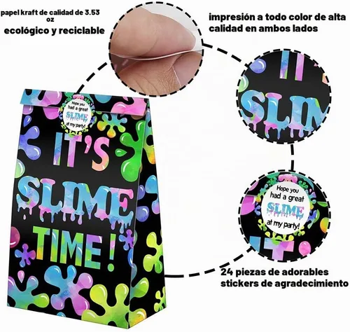 Vista 5 de 24 bolsas de golosinas de slime, bolsas de dulces con calcomanías, bolsas de regalo de limo con temática de limo para fiestas de cumpleaños