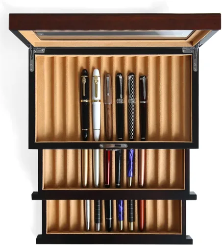Vista 8 de vitrina de madera de la pluma de 36 ranuras Pluma estilográfica caja organizador de almacenamiento con cajón, ventana superior ventana pluma