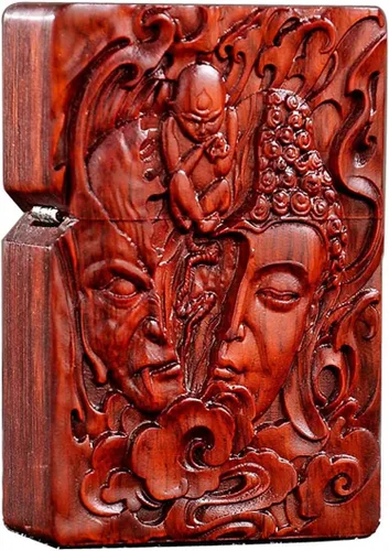 Vista 14 de Caja de carcasa de madera natural Huanghuali tallada en palisandro para módulo Zippo (oración budista)