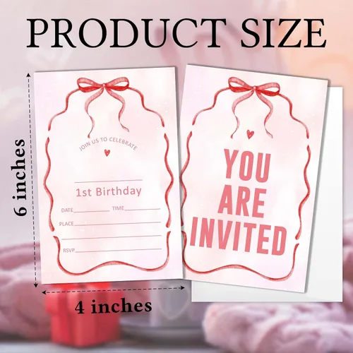 Vista 2 de ukebobo 20 invitaciones de fiesta de primer cumpleaños con lazo rosa, lindas invitaciones minimalistas de cumpleaños para niñas y niños, tarjetas