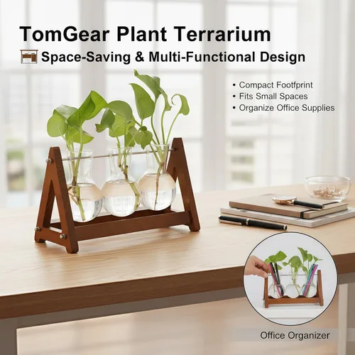 Vista 7 de Terrario para plantas con soporte de madera, jarrón de vidrio de 3 bombillas, soporte de metal, maceta hidropónica retro para decoración de hogar