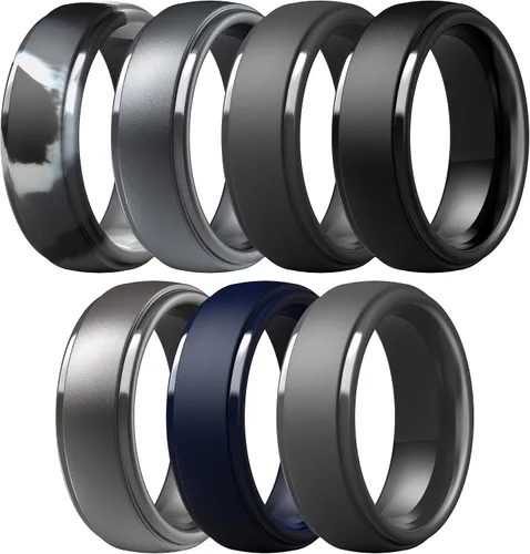 Vista 23 de ThunderFit Anillos de silicona para hombres, bandas de boda de goma con Pack A: Negro carbón
