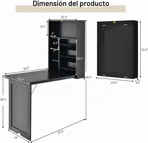 Vista 3 de Escritorio montado en la pared, escritorio flotante plegable de madera, escritorio convertible para computadora con área de almacenamiento, mesa
