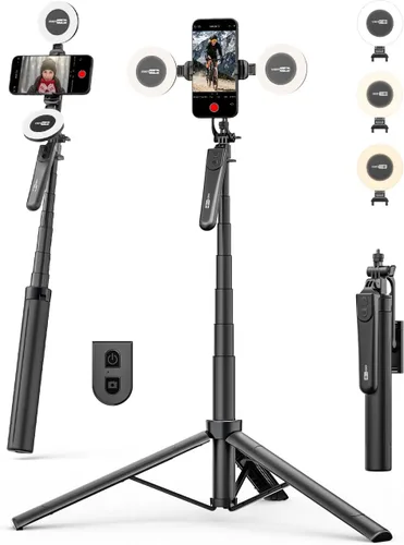 Vista 10 de USKEYVISION Trípode de seguimiento facial automático con rotación de 360°, trípode de teléfono para iPhone con luz de relleno, palo selfie