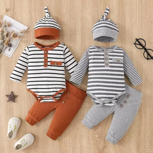 Vista 2 de Ropa para bebé niño recién nacido, traje de manga larga a rayas, conjunto de 3 piezas