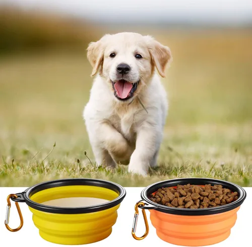 Vista 6 de ME.FAN Tazón plegable para perros para viajes (12 onzas), paquete de 6 cuencos portátiles para mascotas con mosquetones, plegable, expandible