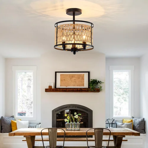 Vista 8 de Lámpara de techo de ratán de 3 luces, de 11 pulgadas, estilo bohemio, semiempotrada, lámpara de techo negra tejida a mano para casa de campo
