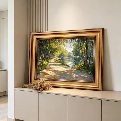 Vista 4 de Lienzo enmarcado en oro, bosque de sol, arte de pared, textura 3D, impresionista, paisaje, decoración, imagen, primavera, verano, naturaleza