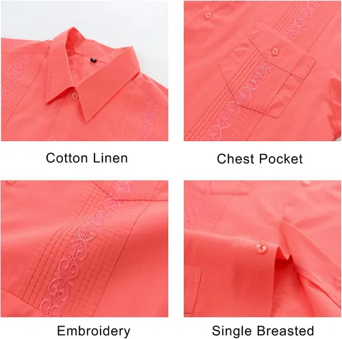 Vista 2 de MAXJON Camisas de guayabera de manga corta con botones para hombre, con bordado cubano, camisas de playa
