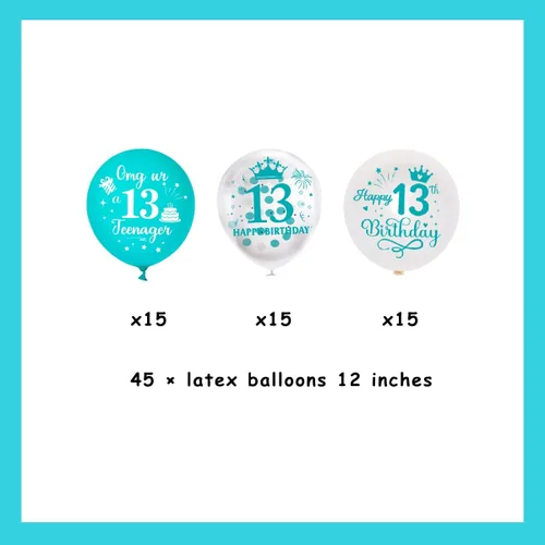 Vista 6 de Globos de cumpleaños número 13, paquete de 45 decoraciones OMG azul turquesa para adolescentes – Juego de globos de látex turquesa de 13 años