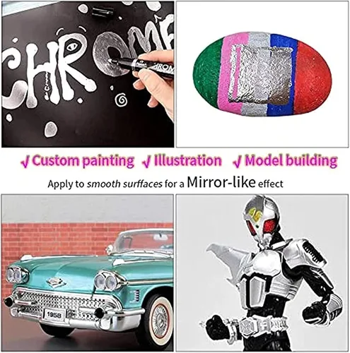 Vista 6 de Marcador de cromo líquido, bolígrafo de pintura reflectante para espejo de bricolaje, marcador cromado líquido para cualquier superficie, metal