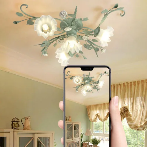 Vista 3 de LITFAD Lámpara de techo moderna con forma de flor, luz de techo empotrada con pantalla de vidrio blanco, casa de campo botánica cerca de techo