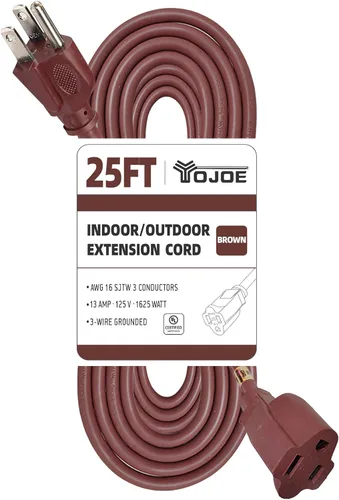 Vista 60 de YOJOE Cable de Extensión, Cable de Alimentación de 3 Clavijas 13A Resistente a la Intemperie, Cable de Extensión Marrón de Servicio Pesado Calibre