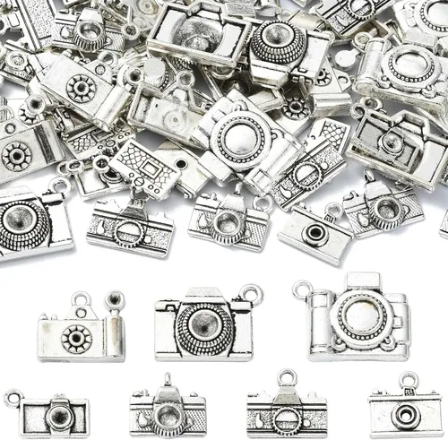 Vista 7 de KitBeads 70 piezas de 7 estilos tibetanos para cámara tibetana, dijes de viaje de plata antigua, dijes de fotografía vintage para collares, pulseras