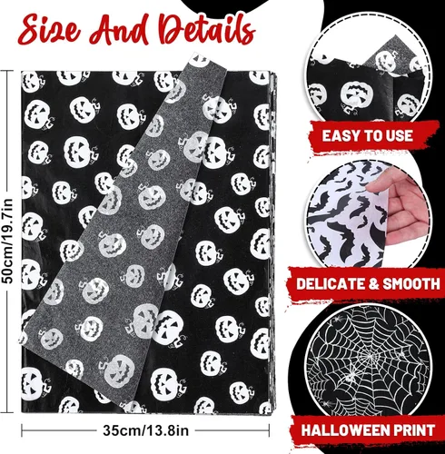 Vista 2 de Whaline Papel de seda de Halloween de calabaza en blanco y negro, 13.8 x 19.7 pulgadas, papel decorativo de regalo para Halloween, truco y trato