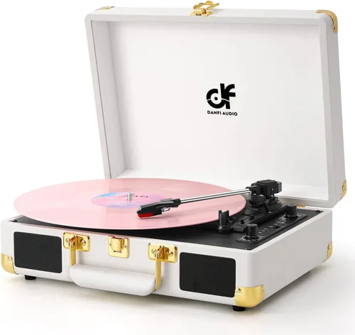 Vista 11 de Tocadiscos de vinilo Bluetooth, tocadiscos portátil vintage para maleta Rosa bebé