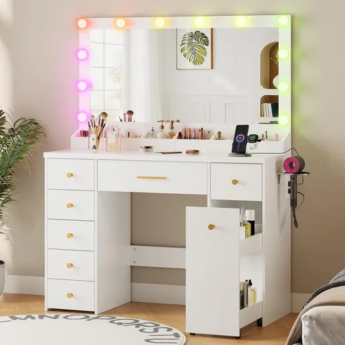 Vista 14 de LAKEMID Escritorio de tocador con espejo y luces LED, mesa de maquillaje con parte superior de cristal con 9 cajones y toma de corriente, 3 modos