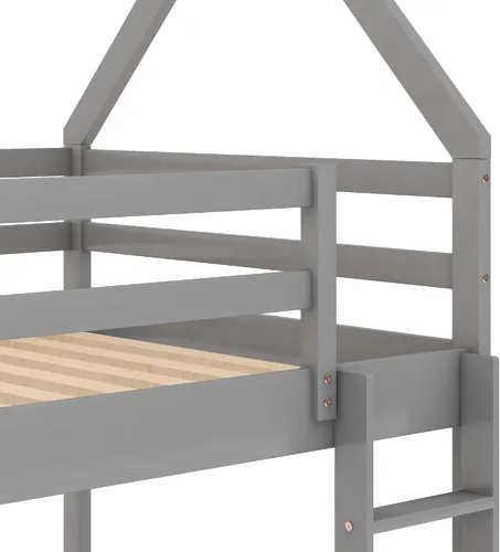 Vista 8 de Harper & Bright Designs Litera baja de tamaño individual sobre individual, marco de cama de madera para casa, escalera integrada, barandilla, techo