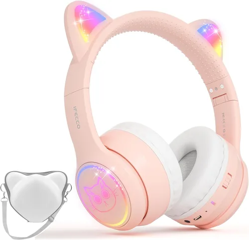 Vista 16 de IFECCO - Auriculares inalámbricos para niños con funda, linda oreja de gato con luz LED, tiempo de reproducción de 50 horas, volumen seguro
