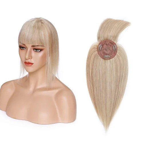 Vista 8 de MY-LADY Top Hairpieces para mujer con flequillo, base mono natural, 100% cabello humano real, clip en pieza de cabello lacio en medio para pérdida