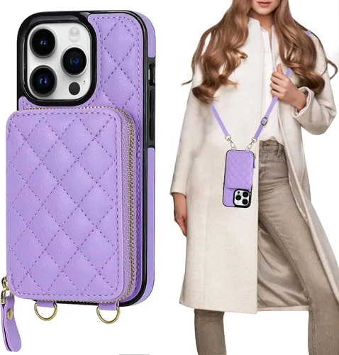 Vista 11 de Bocasal Funda tipo cartera cruzada para iPhone 14 Pro, con bloqueo RFID, de piel sintética, con cremallera, funda tipo cartera con función atril