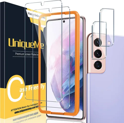 Vista 10 de UniqueMe [Paquete de 2+2] Compatible con Samsung S21, protector de pantalla de privacidad de vidrio templado y protector de lente de cámara Negro