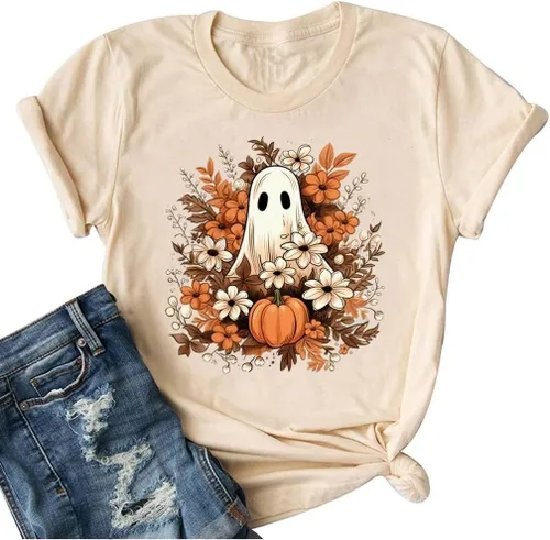 Vista 13 de Woffccrd - Camisetas divertidas con estampado de calabaza y leopardo para mujer, camisetas gráficas de manga corta de Halloween para mujer