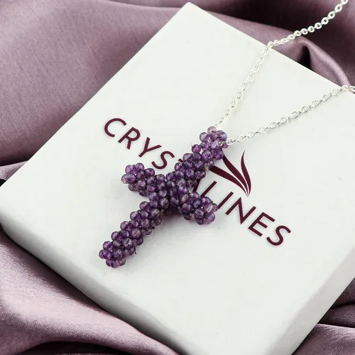 Vista 4 de Collar con colgante de ganchillo crucifijo, piedras preciosas de amatista natural, joyería hecha a mano, colgante de cristales cruzados, cadena