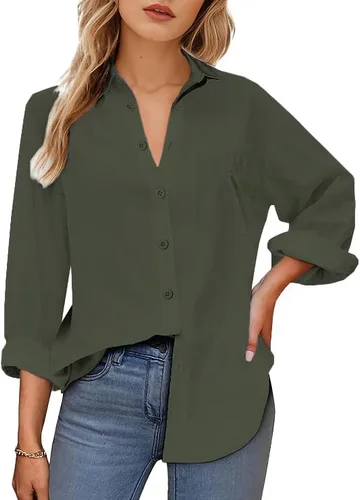 Vista 2 de Camisas de manga larga con botones para mujer, sin arrugas, para trabajo, oficina, con bolsillo