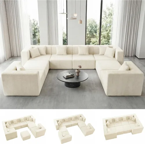 Vista 25 de MONVANE Sofá modular modular, sofá convertible en forma de U de 12 asientos de gran tamaño con otomana, cómodo sofá nube de felpilla con asiento