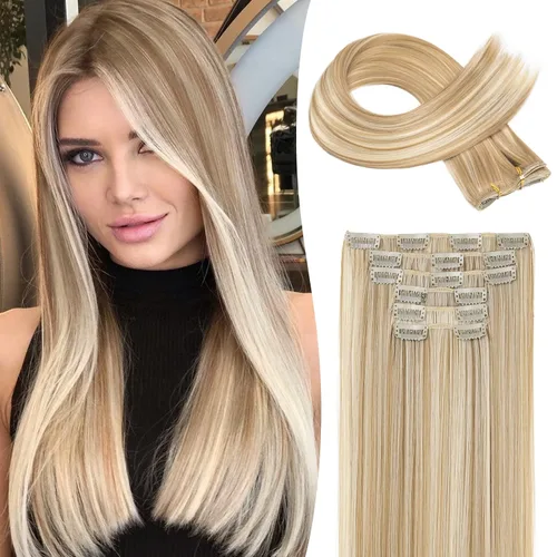 Vista 14 de LONAI 6 extensiones de cabello con clip, 24 pulgadas de largo, lacio, sintético, postizo para mujer, rubio ceniza natural