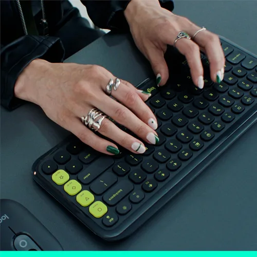 Vista 7 de Logitech POP ICON Keys Teclado Bluetooth inalámbrico, escritura cómoda, teclas programables, fácil de cambiar entre hasta 3 dispositivos