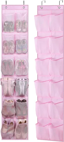 Vista 8 de MISSLO Organizador de zapatos sobre la puerta, 12 bolsillos grandes de malla para colgar puerta estrecha de armario, negro, paquete de 2