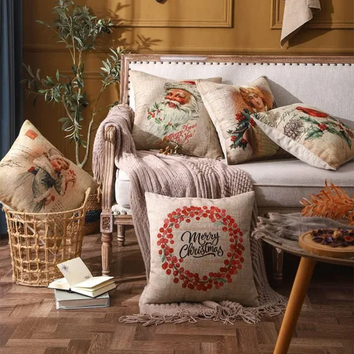 Vista 7 de Fundas de almohada navideñas de 18 x 18 pulgadas, decoración navideña para el hogar, funda de cojín decorativa para sofá, sofá, retro, Navidad