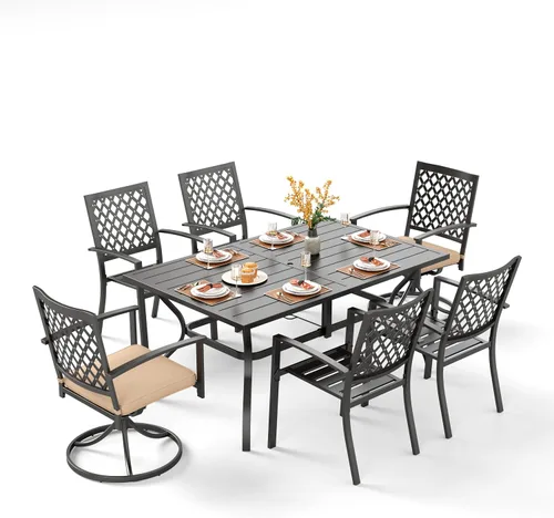 Vista 32 de PHI VILLA Juego de comedor al aire libre de 7 piezas para 6, mesa rectangular de metal negro de 60 pulgadas con agujero para sombrilla y sillas