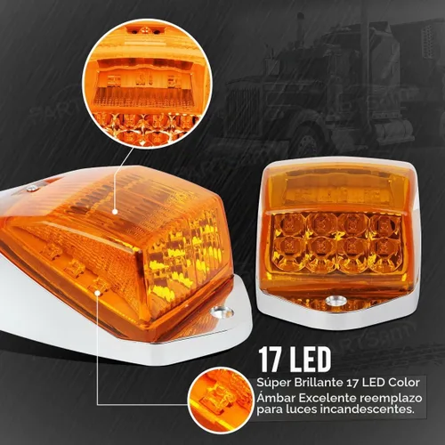Vista 4 de Partsam 5 luces marcadoras para cabina de camión, 17 luces LED ámbar para techo superior con base cromada, repuesto para Lente ámbar/luz ámbar