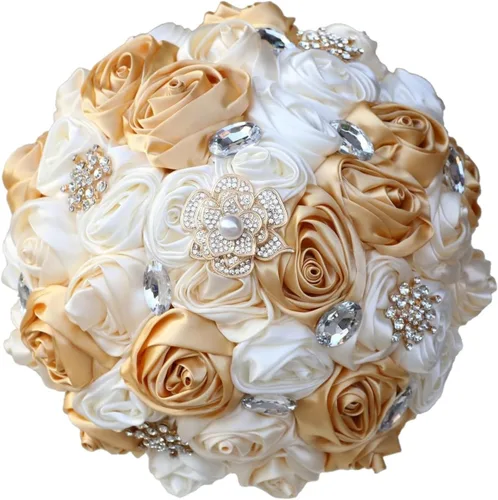 Vista 11 de Ramo de Boda Nupcial Rosa Rubor y Marfil con Broche Dorado Brillante con Diamantes de Imitación para Novia Dama de Honor Quinceañera Ramo de Flores