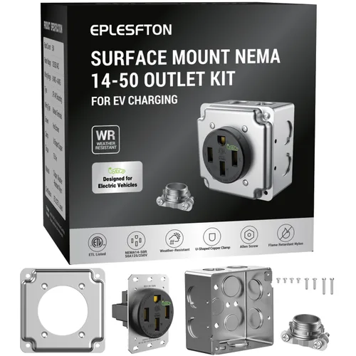 Vista 10 de Nema 14-50 EV Outlet con kit de caja de montaje en superficie, 50 amperios EV carga recta dispositivo receptáculo resistente, grado industrial, 3